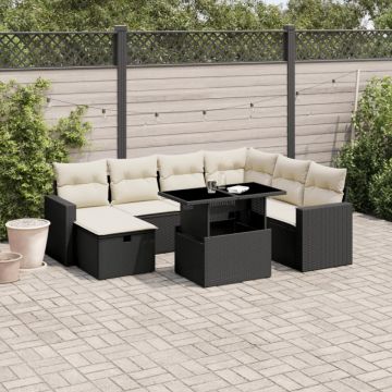 Set mobilier de grădină cu perne, 8 piese, negru, poliratan