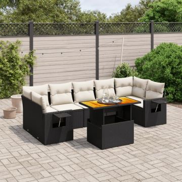 Set mobilier de grădină cu perne, 8 piese, negru, poliratan