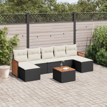 Set mobilier de grădină cu perne, 8 piese, negru, poliratan