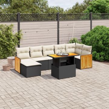 Set mobilier de grădină cu perne, 8 piese, negru, poliratan