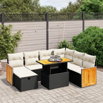 Set mobilier de grădină cu perne, 8 piese, negru, poliratan