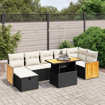 Set mobilier de grădină cu perne, 8 piese, negru, poliratan