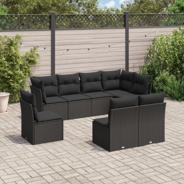 Set mobilier de grădină cu perne, 8 piese, negru, poliratan