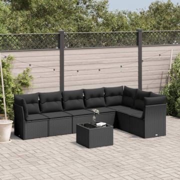 Set mobilier de grădină cu perne, 8 piese, negru, poliratan