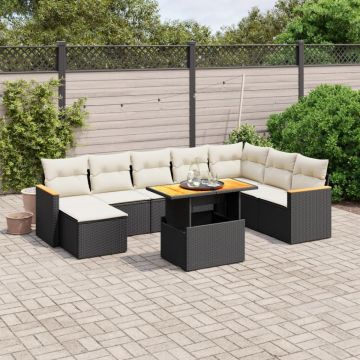 Set mobilier de grădină cu perne, 9 piese, negru, poliratan