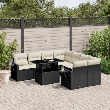 Set mobilier de grădină cu perne, 9 piese, negru, poliratan