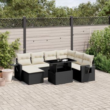 Set mobilier de grădină cu perne, 9 piese, negru, poliratan