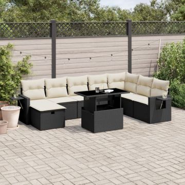 Set mobilier de grădină cu perne, 9 piese, negru, poliratan