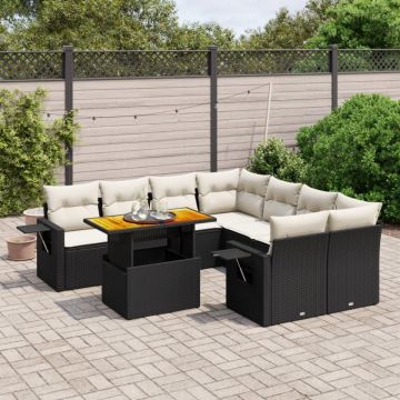 Set mobilier de grădină cu perne, 9 piese, negru, poliratan