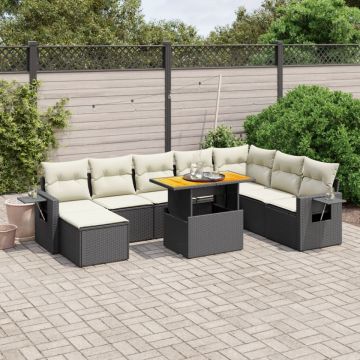 Set mobilier de grădină cu perne, 9 piese, negru, poliratan