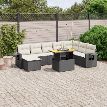 Set mobilier de grădină cu perne, 9 piese, negru, poliratan