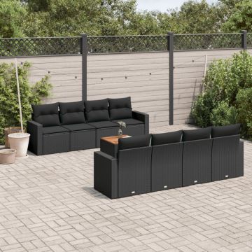 Set mobilier de grădină cu perne, 9 piese, negru, poliratan