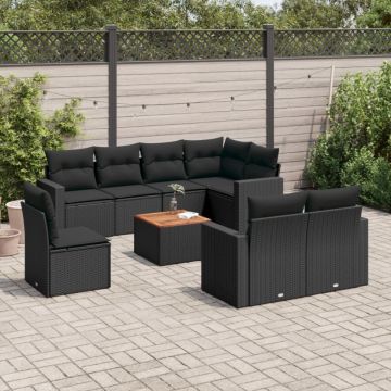 Set mobilier de grădină cu perne, 9 piese, negru, poliratan