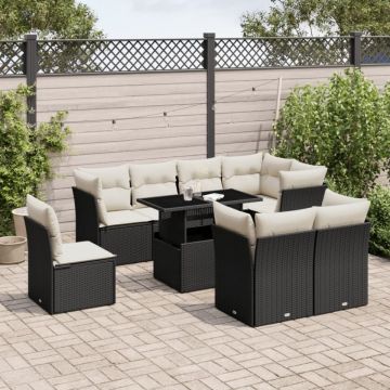 Set mobilier de grădină cu perne, 9 piese, negru, poliratan