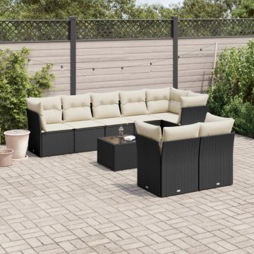 Set mobilier de grădină cu perne, 9 piese, negru, poliratan