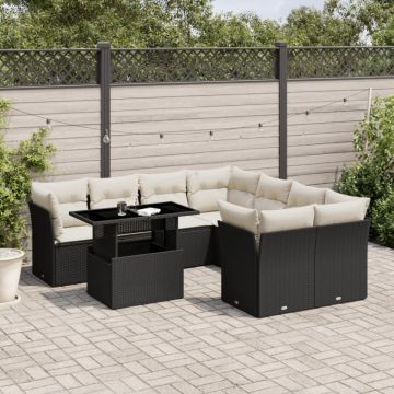 Set mobilier de grădină cu perne, 9 piese, negru, poliratan