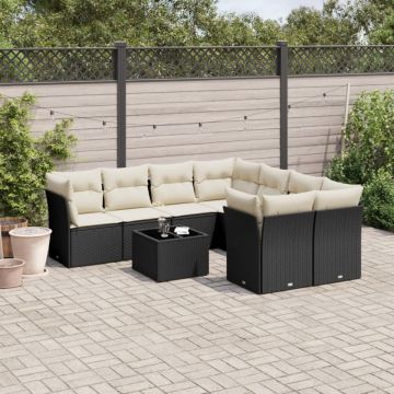 Set mobilier de grădină cu perne, 9 piese, negru, poliratan