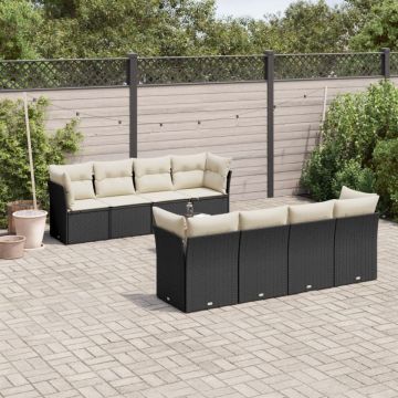 Set mobilier de grădină cu perne, 9 piese, negru, poliratan