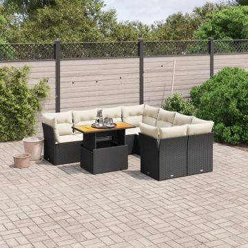 Set mobilier de grădină cu perne, 9 piese, negru, poliratan