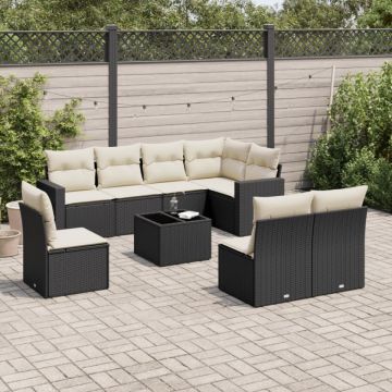 Set mobilier de grădină cu perne, 9 piese, negru, poliratan