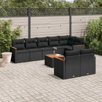 Set mobilier de grădină cu perne, 9 piese, negru, poliratan