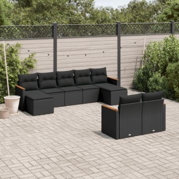 Set mobilier de grădină cu perne, 9 piese, negru, poliratan