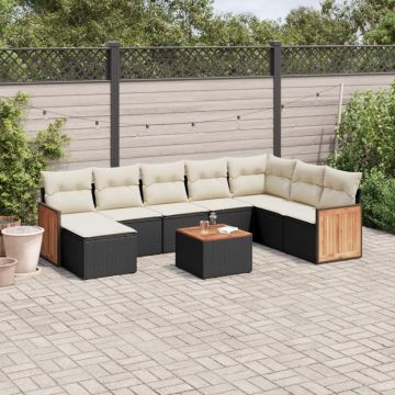 Set mobilier de grădină cu perne, 9 piese, negru, poliratan