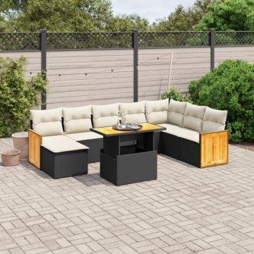 Set mobilier de grădină cu perne, 9 piese, negru, poliratan