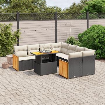 Set mobilier de grădină cu perne, 9 piese, negru, poliratan