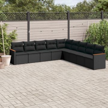 Set mobilier de grădină cu perne, 9 piese, negru, poliratan