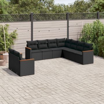 Set mobilier de grădină cu perne, 9 piese, negru, poliratan