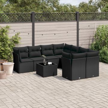 Set mobilier de grădină cu perne, 9 piese, negru, poliratan