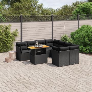 Set mobilier de grădină cu perne, 9 piese, negru, poliratan