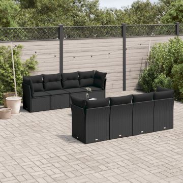 Set mobilier de grădină cu perne, 9 piese, negru, poliratan