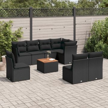 Set mobilier de grădină cu perne, 9 piese, negru, poliratan