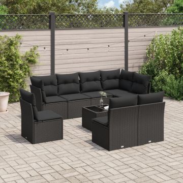 Set mobilier de grădină cu perne, 9 piese, negru, poliratan