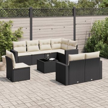 Set mobilier de grădină cu perne, 9 piese, negru, poliratan