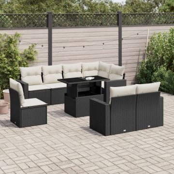 Set mobilier de grădină cu perne, 9 piese, negru, poliratan