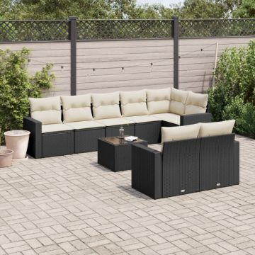 Set mobilier de grădină cu perne, 9 piese, negru, poliratan