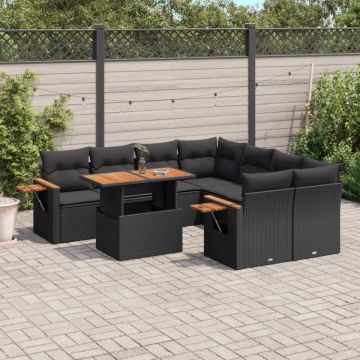 Set mobilier de grădină cu perne, 9 piese, negru, poliratan