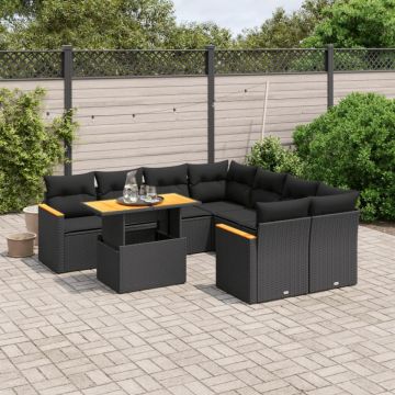 Set mobilier de grădină cu perne, 9 piese, negru, poliratan