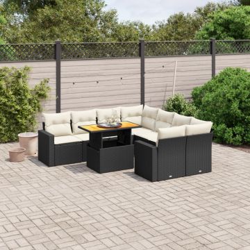 Set mobilier de grădină cu perne, 9 piese, negru, poliratan