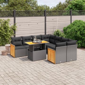 Set mobilier de grădină cu perne, 9 piese, negru, poliratan