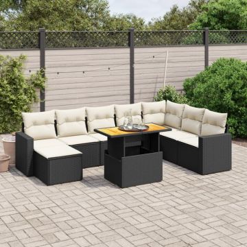 Set mobilier de grădină cu perne, 9 piese, negru, poliratan