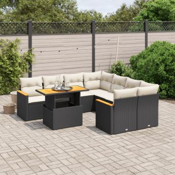 Set mobilier de grădină cu perne, 9 piese, negru, poliratan