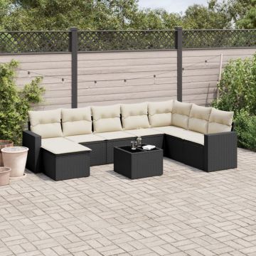 Set mobilier de grădină cu perne, 9 piese, negru, poliratan