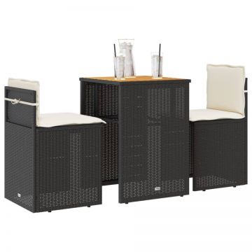 Set bistro cu perne, 3 piese, negru, poliratan