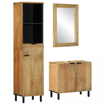 Set de mobilier de baie 3 piese maro din lemn masiv de mango