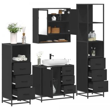 Set de mobilier de baie 4 piese Lemn negru prelucrat