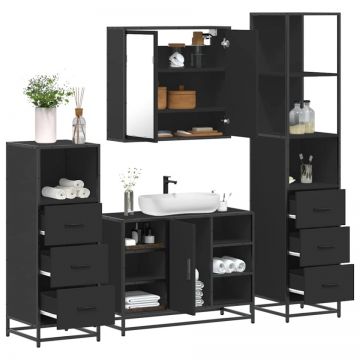 Set de mobilier de baie 4 piese Lemn negru prelucrat